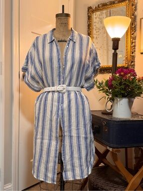 C&C California Blue & White Striped Button-Front 100% Linen Shirt Dress